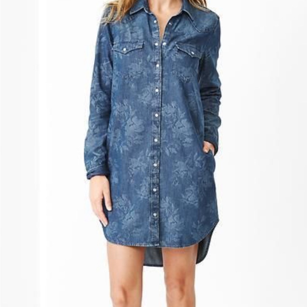 Gap 1969 Shirt Dress Floral Chambray Western Pearl Snap Button Front Womens Med